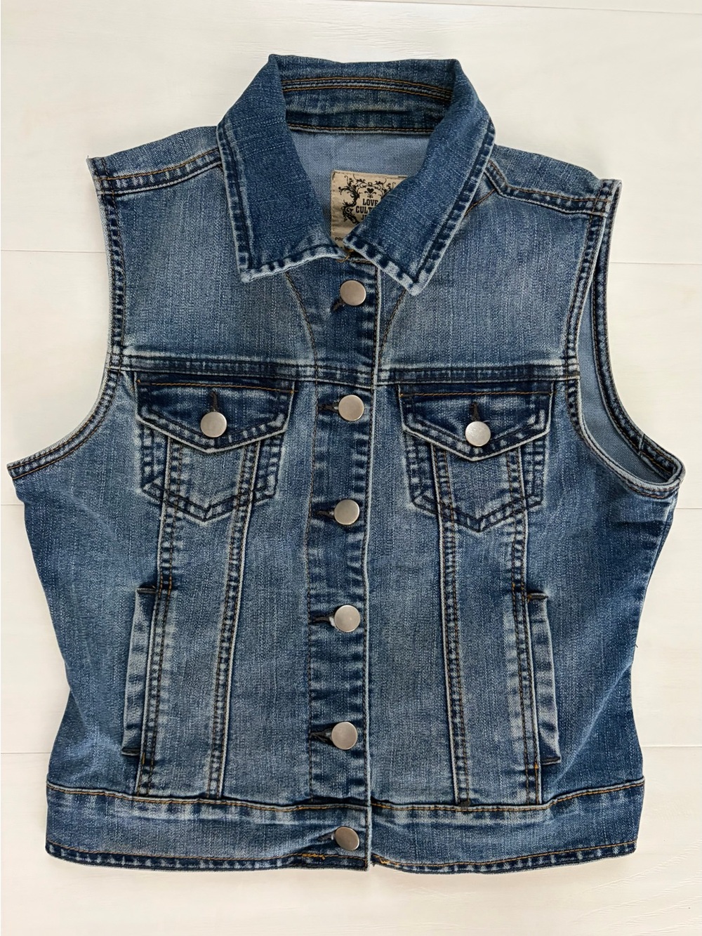 Blue Sleeveless Denim Vest by Love Culture Jeans, size Small